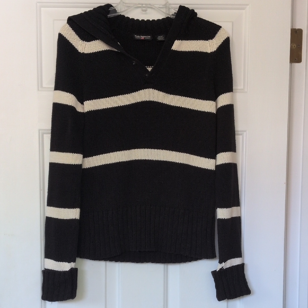 Ralph Lauren Polo Sweater Cotton Stripe Size Medium Snap Front Fold Over Cuff